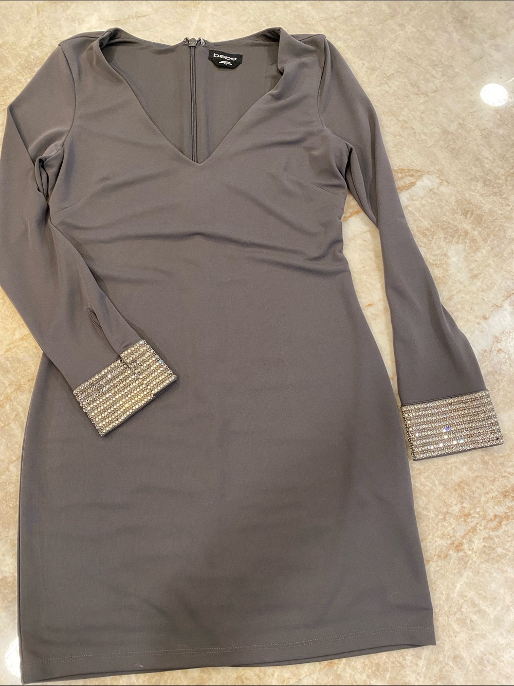 bebe Charcoal Gray Long-Sleeve V-Neck Dress with Beaded Cuffs - Picture 4 of 8